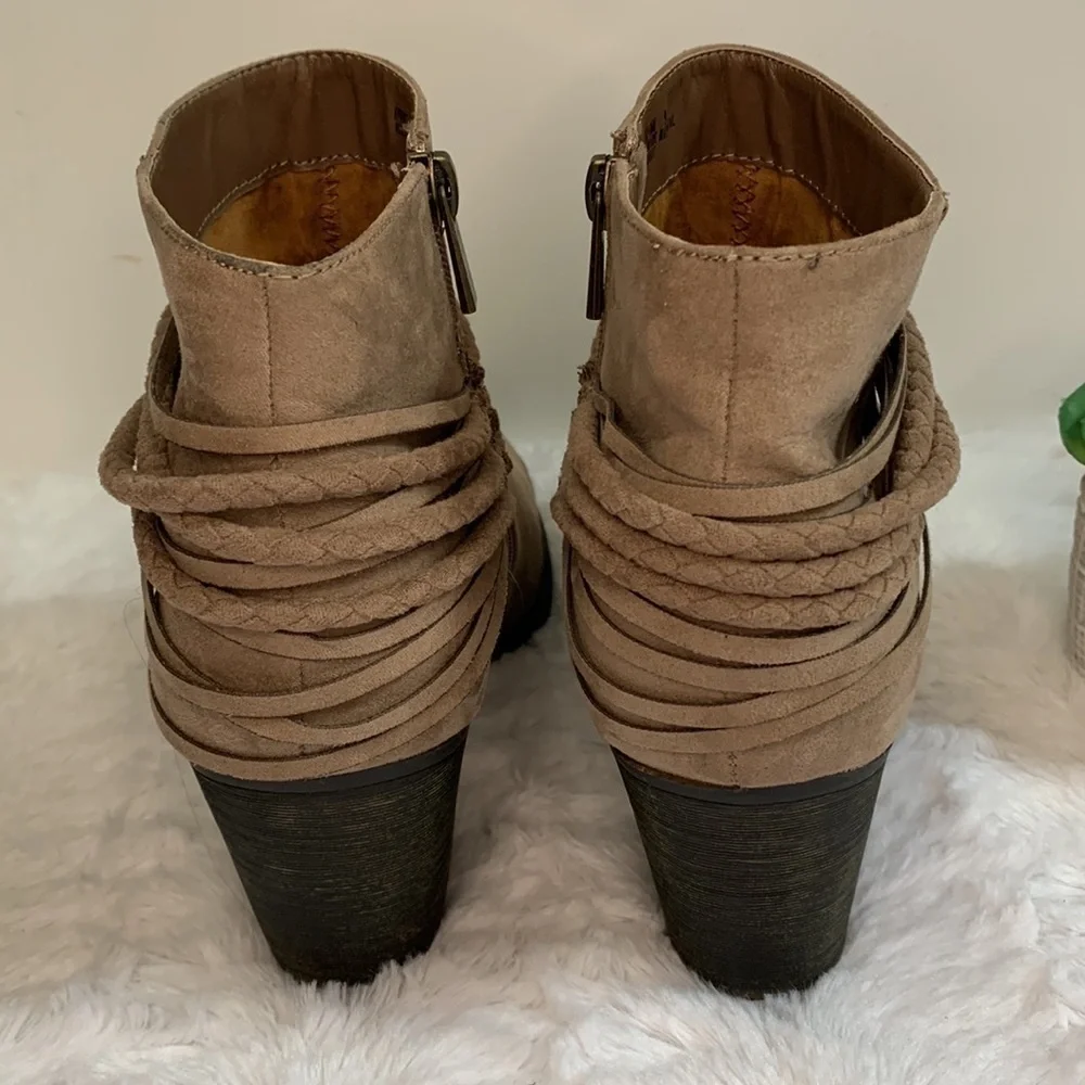 BAMBOO braided accent faux suede western heeled booties ankle boots